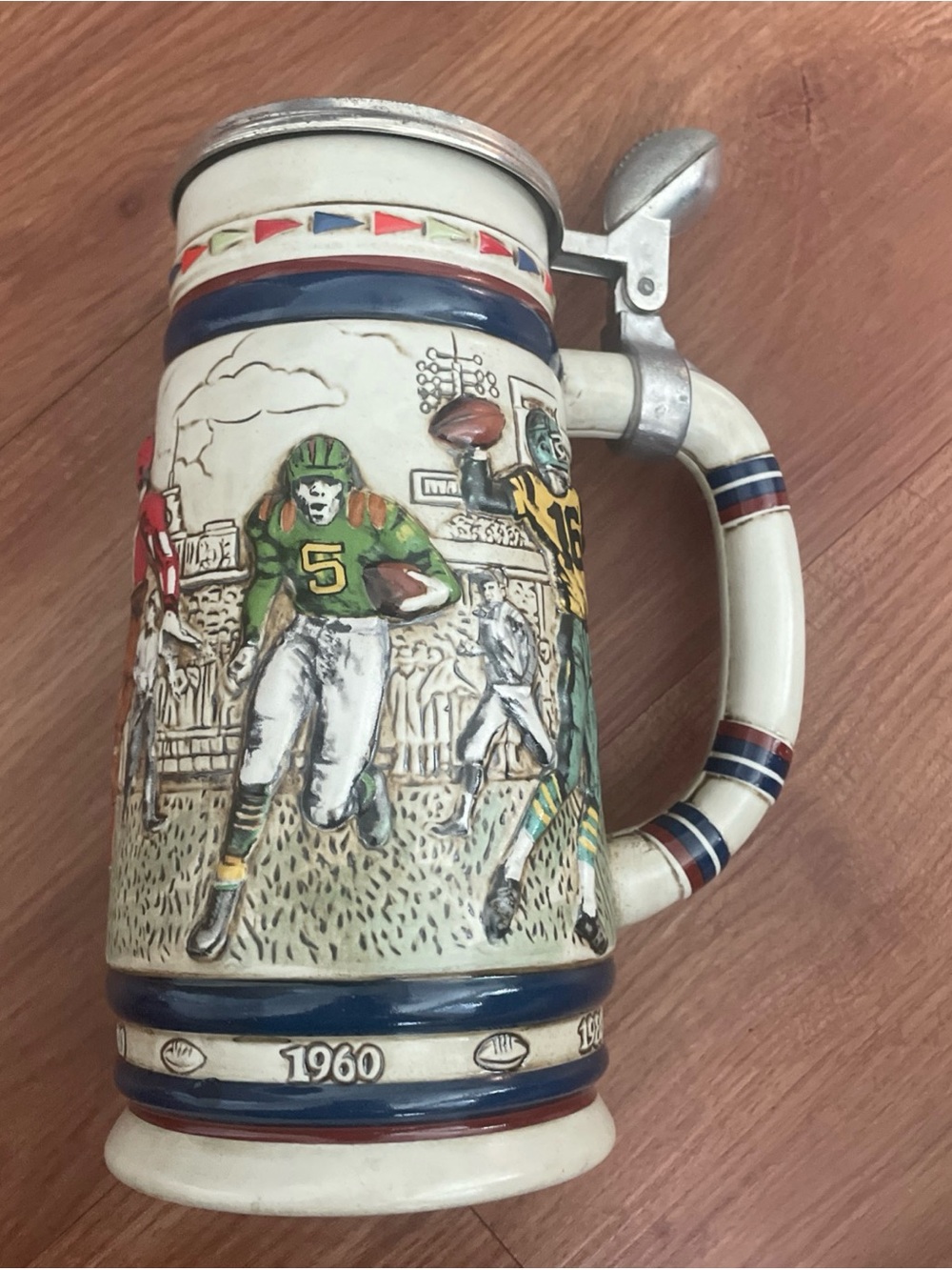 Avon Ceramic Football Stein - White, Green & Blue